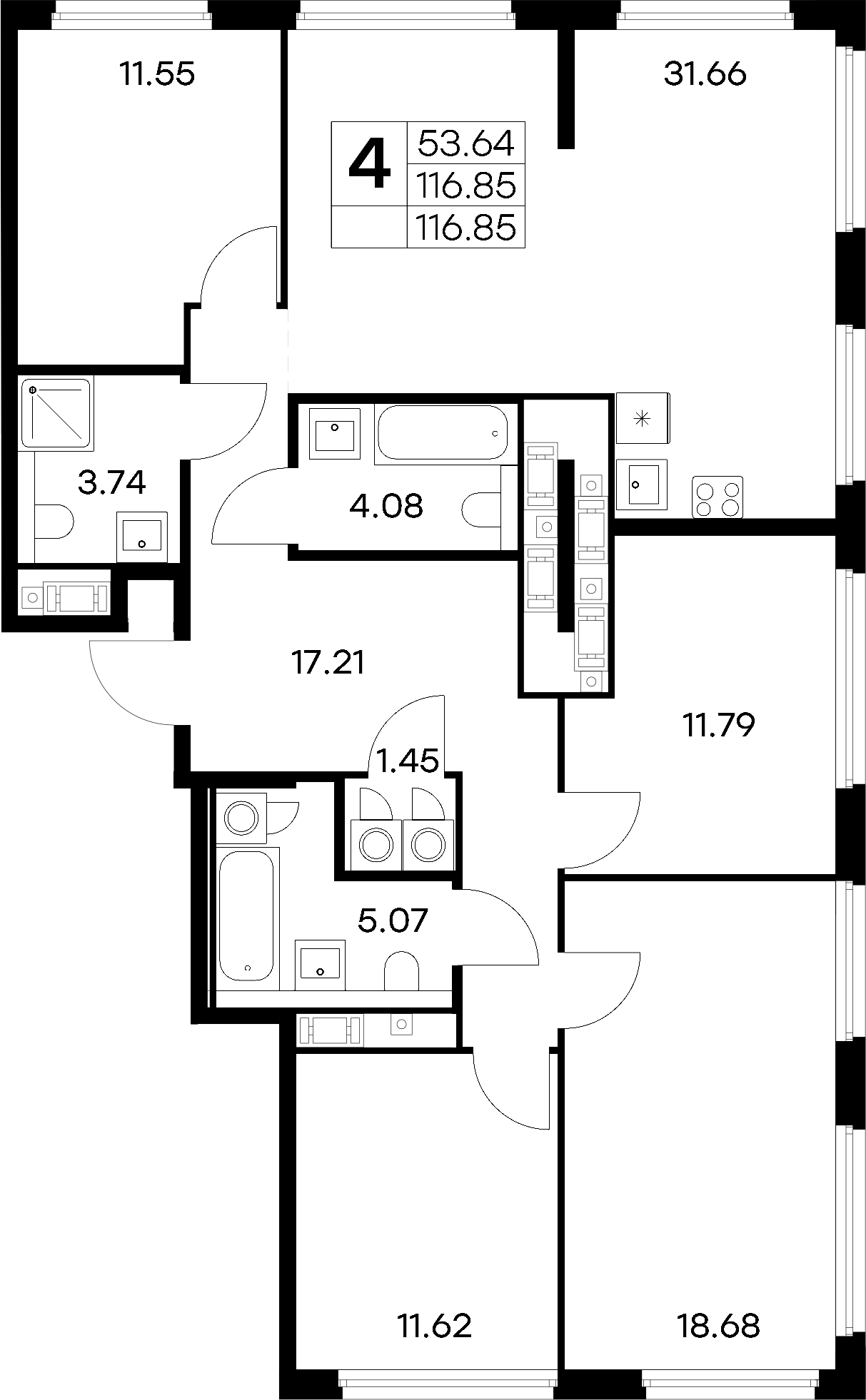 4-комнатная квартира 116.85 м², 16/18 эт., ЖК «Glorax City Василеостровский»